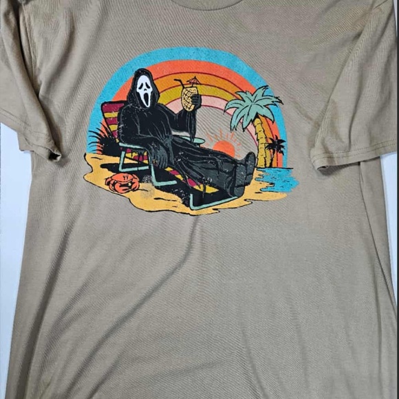 Ghost Face Shirt Mens XL Tan Short Sleeve Beach Graphic Horror Halloween Scream - Picture 6 of 6